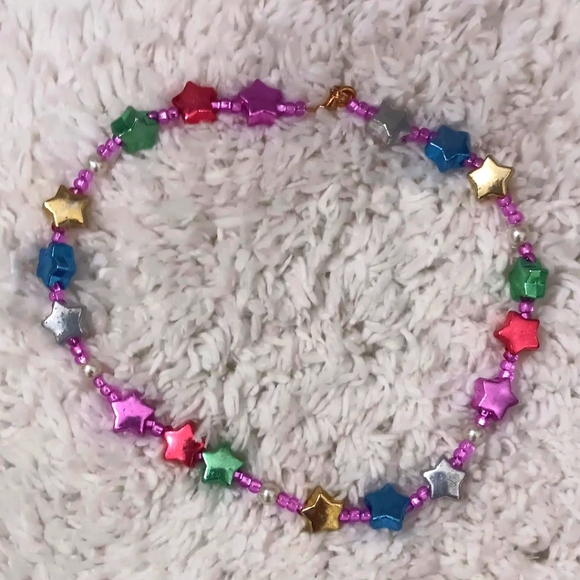 🍧🌈 Handcrafted Beaded Choker Necklace Real Pearls And Stars 15" 🦋 - Picture 1 of 3